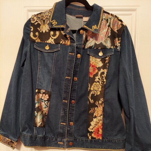 NWT Chico's Indigo Denim Jacket w/ Black & Gold Brocade Design size 2 (12/14) - Picture 1 of 1
